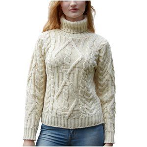 Inis Irish Turtleneck Sweater white cream wool S small XS fisherman cable fitted